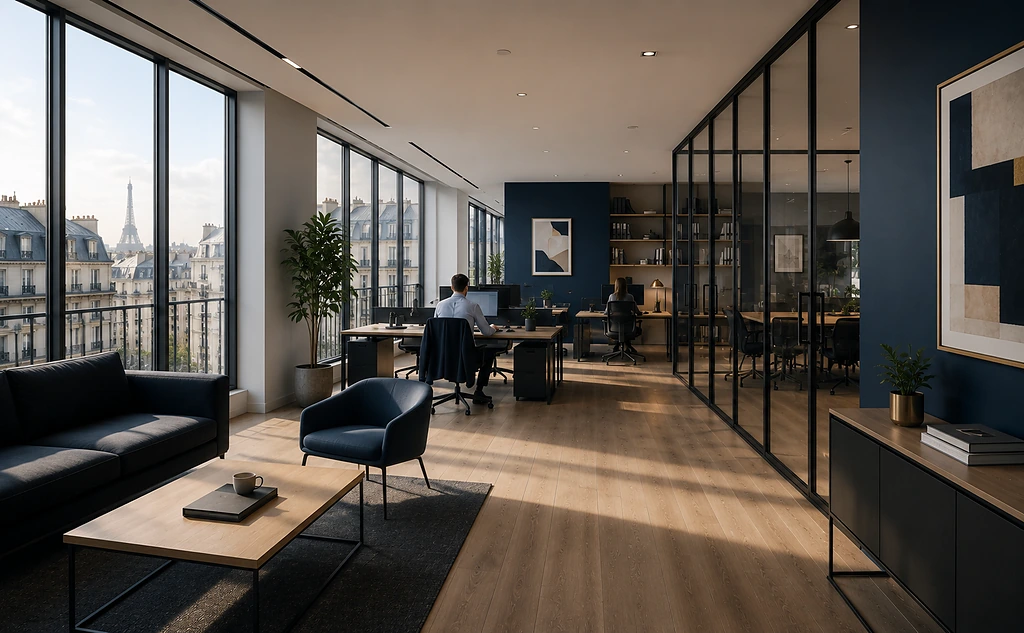 Contemporary Parisian office, large windows and natural light, two people working in the background