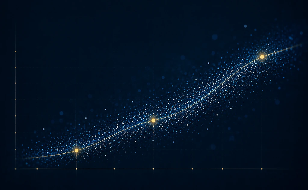 Visualisation de données abstraite : nappe de points lumineux, courbes et histogrammes sur fond bleu nuit
