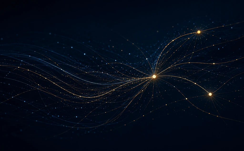 Abstract data flow composition: fine luminous lines converging on golden nodes over a deep navy background