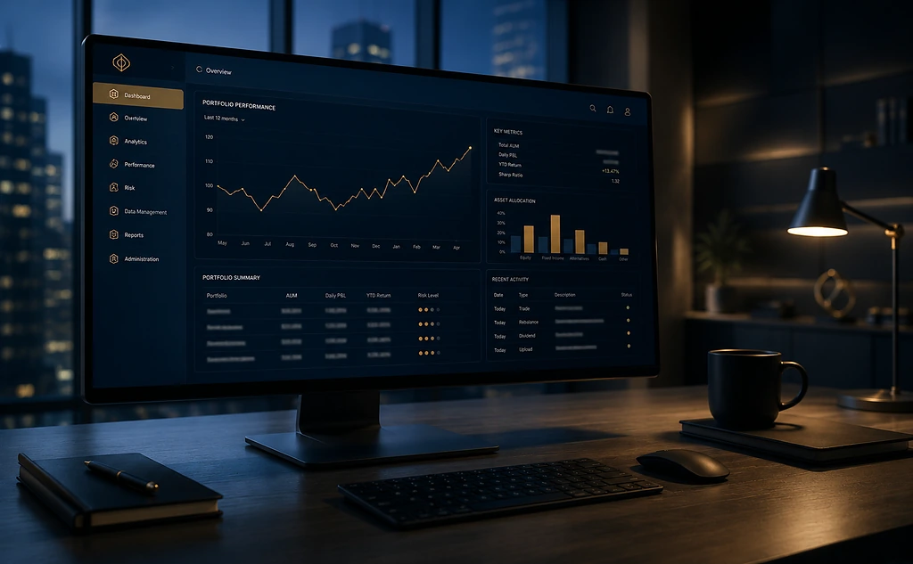 Interface logicielle métier affichée sur un grand écran dans un bureau sombre, tableau de bord et graphique de performance