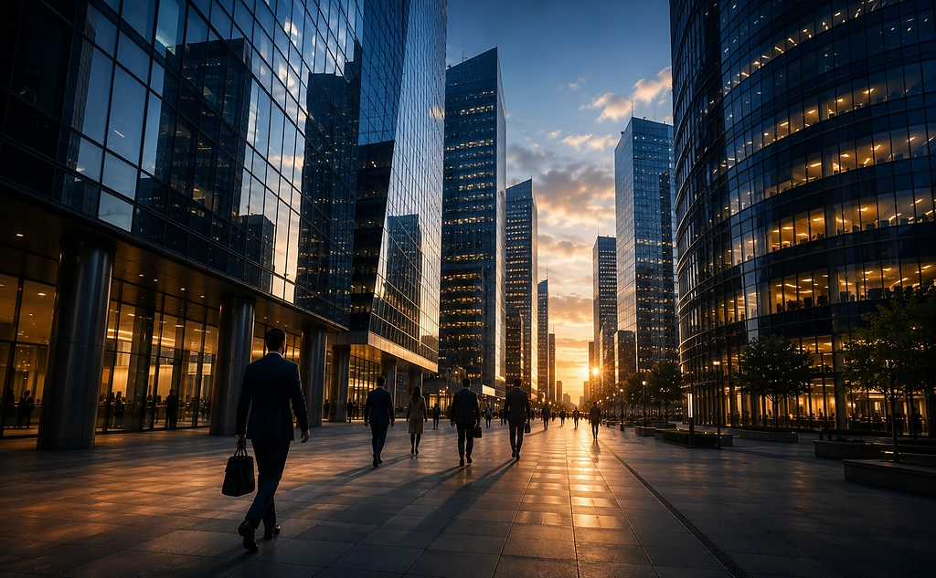 Contemporary business district seen from below, glass façades converging towards the light